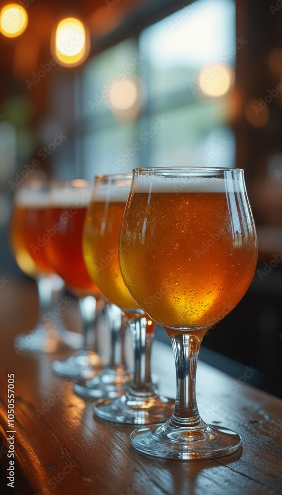 A row of beer glasses filled with golden ale on a wooden bar counter, creating a warm and inviting atmosphere at a pub. The image highlights relaxation, drinks, and social gatherings. A row of beer glasses filled with golden ale on a wooden bar counter, creating a warm and inviting atmosphere at a pub. The image highlights relaxation, drinks, and social gatherings.