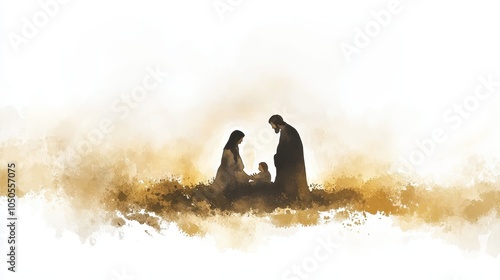 Watercolor painting representing Nativity scene in Bethlehem. Christmas scene illustration showing holy family baby Jesus in the manger Joseph and Mary. Banner copy space