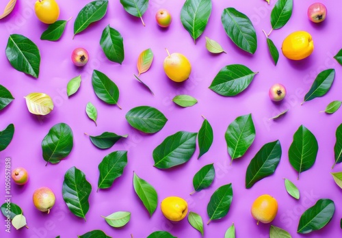 colorful fruits and leaves, flat lay style, vibrant purple background with a mix of yellow fruits and green leaves, perfect for summer themes and healthy eating concepts