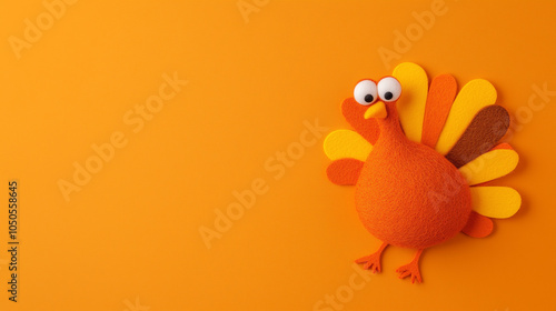 orange brown and yellow crafted felt turkey laying flat on an orange background with copy space banner/web/design photo