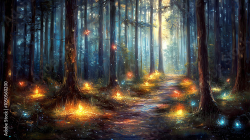 enchanted forest path illuminated by magical fires and glowing flora under a twilight canopy