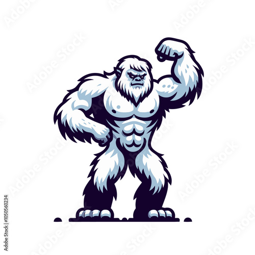 Shredded  yeti bigfoot bodybuilder flexing muscles sports logo mascot	