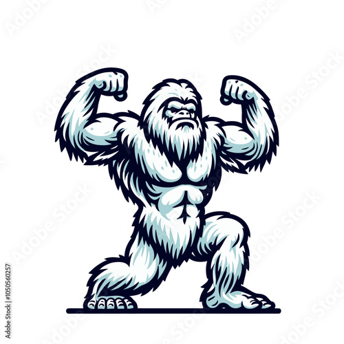 Shredded  yeti bigfoot bodybuilder flexing muscles sports logo mascot	