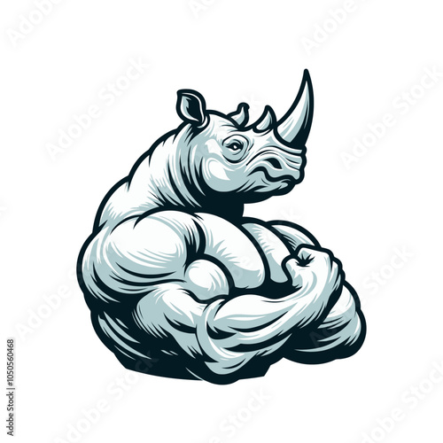 Shredded rhino bodybuilder flexing muscles sports logo mascot	