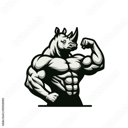 Shredded rhino bodybuilder flexing muscles sports logo mascot	