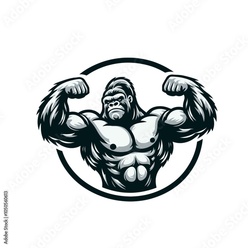 Shredded gorilla bodybuilder flexing muscles sports logo mascot	