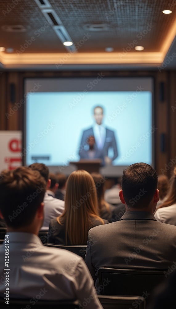 Obraz premium An audience sitting and watching a speaker presenting at a business conference, symbolizing learning, corporate strategy, and professional development. The image highlights corporate events and public