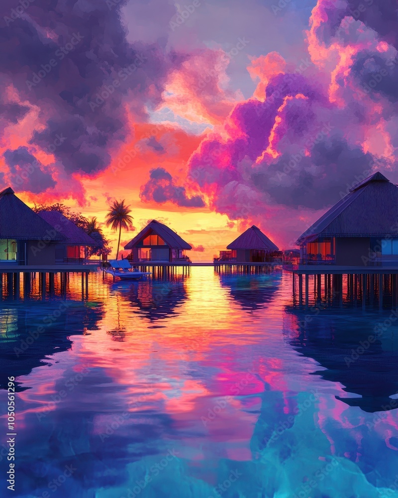 Fototapeta premium Overwater bungalows under a picturesque sunset sky. Generative AI image