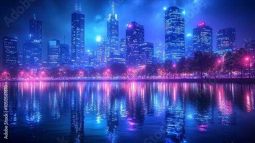 Vibrant night cityscape reflected in water with neon lights and skyline glow