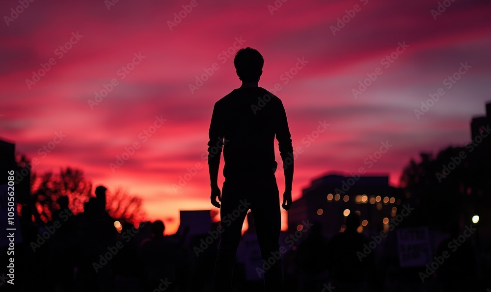 Obraz premium Silhouetted figure leading crowd at dusk protest