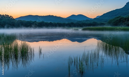 Tranquil Mountain Reflection at Sunrise in Serene Landscape