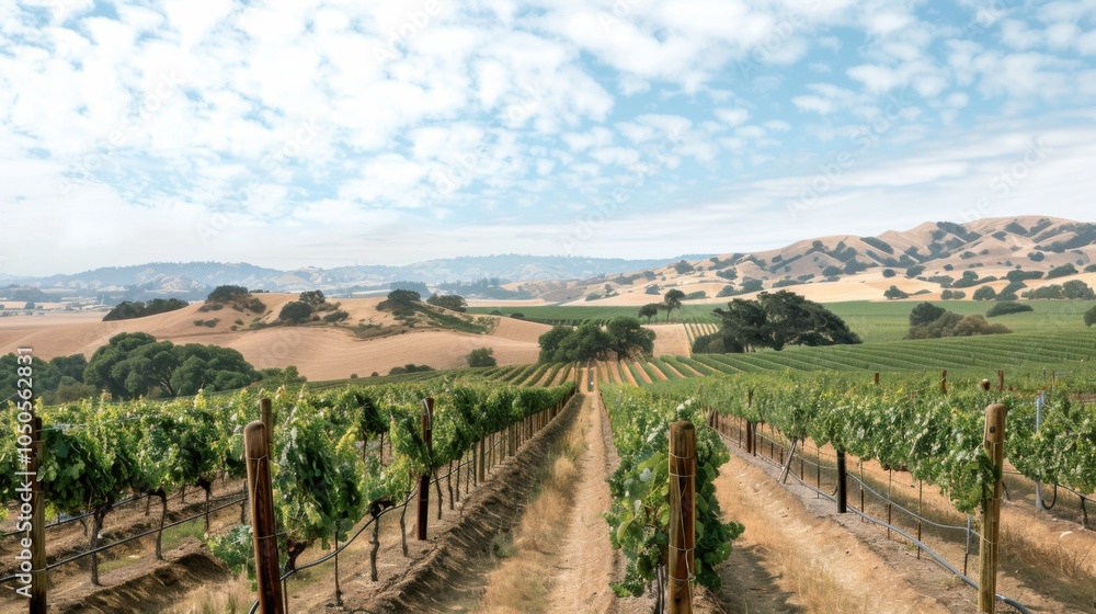 A serene vineyard with rows of grapevines and rolling hills, Winery setting with vineyard charm, Serene style A serene vineyard with rows of grapevines and rolling hills, Winery setting with vineyard charm, Serene style