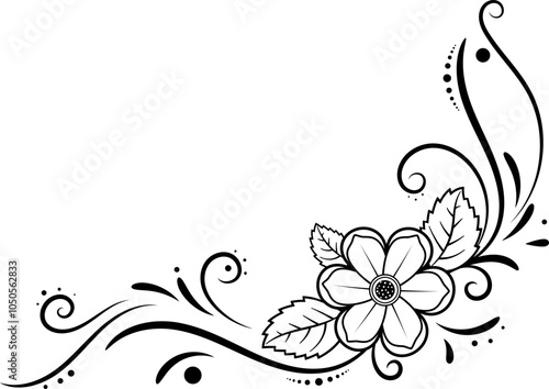 Doodle floral corner frame decorated with flowers and leaves in black