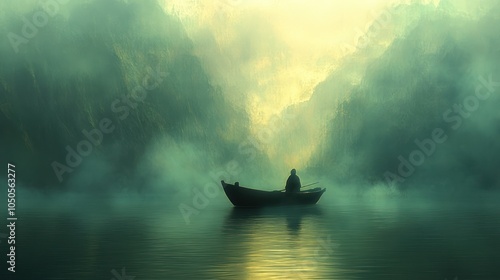 A solitary figure in a small boat rows through a mist-shrouded valley, a sense of mystery and peace pervades the scene.