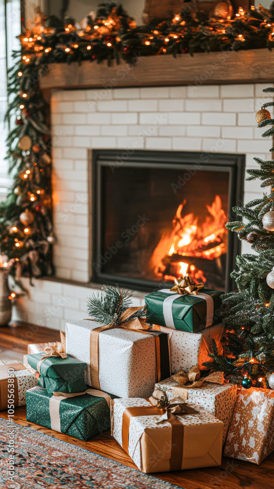 Cozy holiday living room with christmas tree and wrapped gifts by the fireplace for a festive celebration Cozy holiday living room with christmas tree and wrapped gifts by the fireplace for a festive celebration