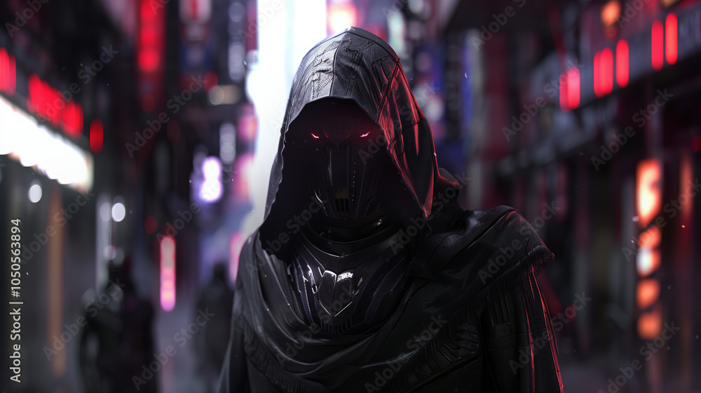 A futuristic figure in a dark hooded cloak with glowing red eyes stands in a cyberpunk cityscape A futuristic figure in a dark hooded cloak with glowing red eyes stands in a cyberpunk cityscape