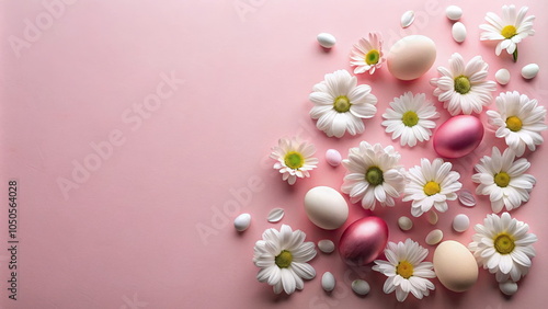 Easter eggs and daisies on pink background