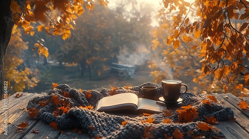 An open terrace with a cozy setup including a steaming coffee cup, an open book, and a soft blanket, surrounded by autumn leaves. The scene is bathed in warm sunlight,