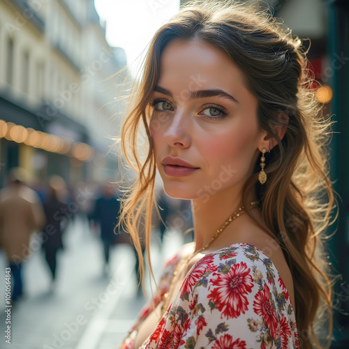 Elegant woman in a lace dress standing by a rustic, weathered wall. Natural beauty and vintage charm in a serene, abandoned setting photo