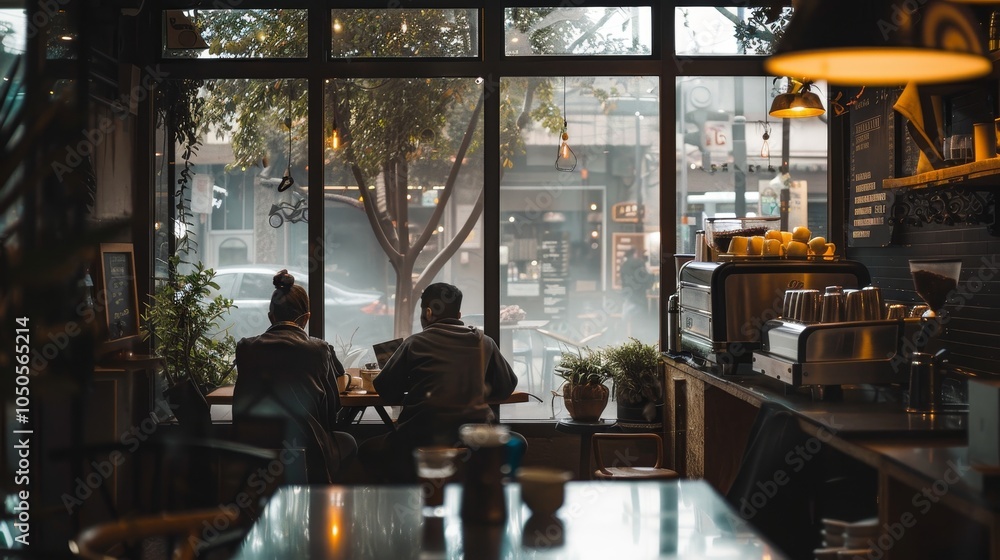 Fototapeta premium A city cafe glows warmly as dusk sets in, its windows offering a peek into the social hub where coffee and conversation flow..