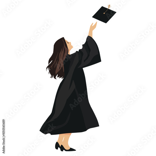 A girl in a black graduation gown is throwing her cap up