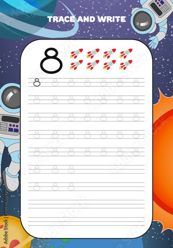 Trace and write practice math numbers for kids with galaxy cosmos and astronaut 8 eight 