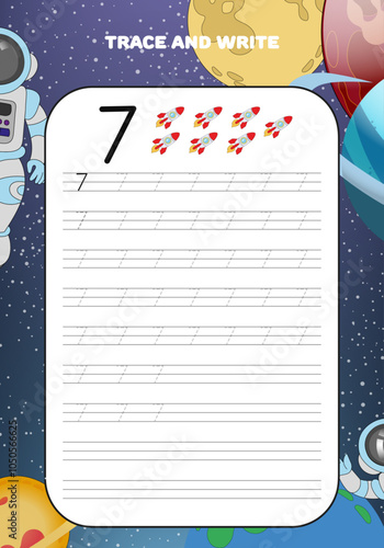 Trace and write practice math numbers for kids with galaxy cosmos and astronaut 7 seven