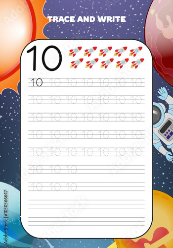 Trace and write practice math numbers for kids with galaxy cosmos and astronaut 10 ten