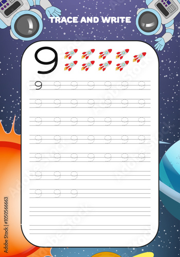 Trace and write practice math numbers for kids with galaxy cosmos and astronaut 9 nive