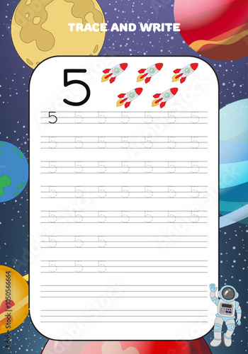 Trace and write practice math numbers for kids with galaxy cosmos and astronaut 5 five