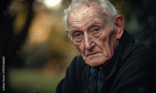 An introspective portrait of an elderly man set against an outdoors backdrop, showcasing his wisdom and rugged appearance, with tousled hair and a thoughtful gaze.