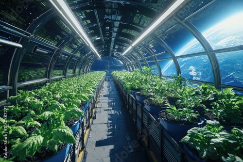 Fototapeta Naklejka Na Ścianę i Meble -  Lush vegetation flourishes inside an orbital greenhouse, showcasing sustainable agriculture in the vast expanse of space