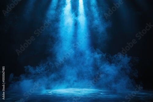 A close-up of a blue spotlight beam cutting through the darkness of a theater, emphasizing the rich textures of the stage surface