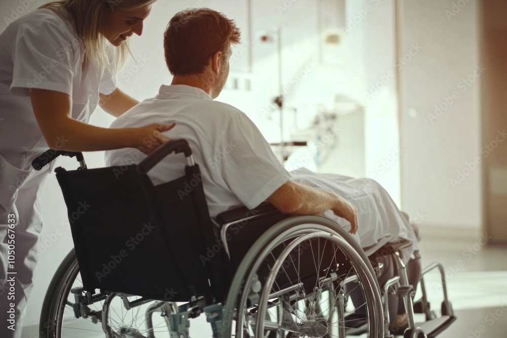 A healthcare professional assists a patient in a wheelchair. The scene conveys care and support in a medical environment. Focused on compassion and the healing process. AI A healthcare professional assists a patient in a wheelchair. The scene conveys care and support in a medical environment. Focused on compassion and the healing process. AI