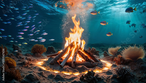 Underwater campfire with glowing flames and vibrant marine life in a surreal aquatic scene. photo