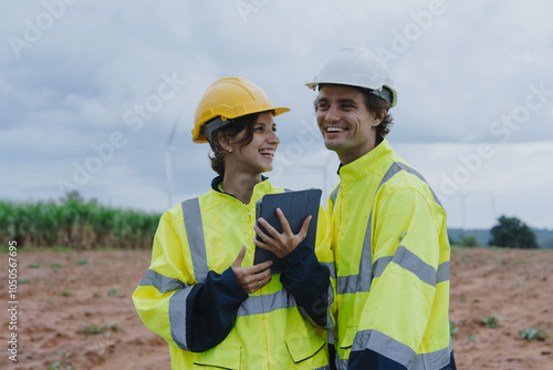 Wind turbine technician checking and maintenance at turbine station. Man and woman engineer working at energy wind generator. clean energy source.