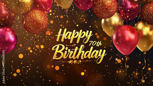 Festive Happy 70th Birthday Greeting with Gold and Red Balloons, Confetti, and Sparkling Decorations – Milestone Celebration Design