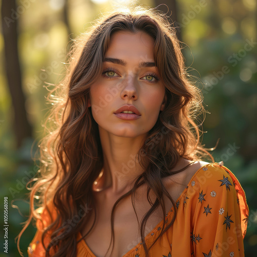 Elegant woman in a lace dress standing by a rustic, weathered wall. Natural beauty and vintage charm in a serene, abandoned setting photo