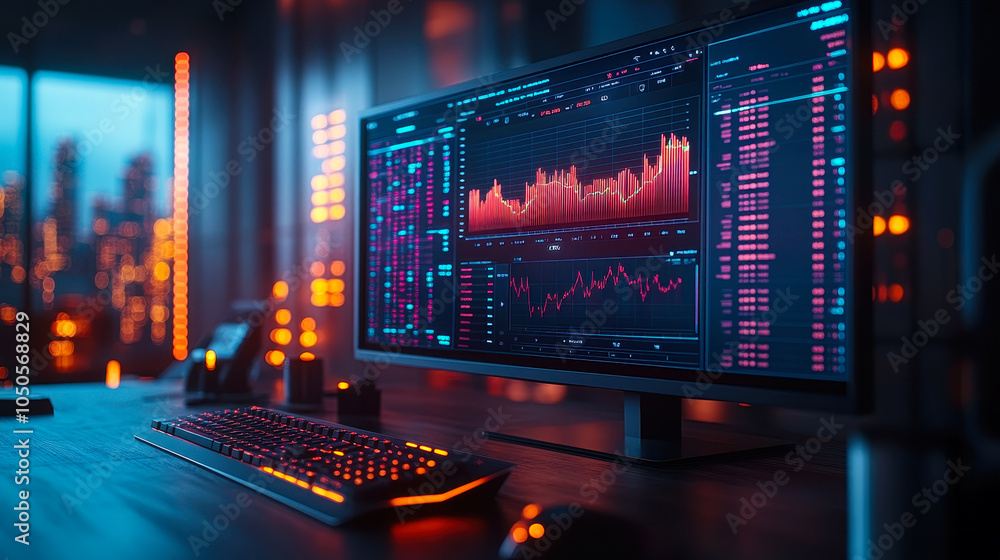 Futuristic AI-Driven Stock Market Insights on Holographic Dashboard in Modern Office Futuristic AI-Driven Stock Market Insights on Holographic Dashboard in Modern Office