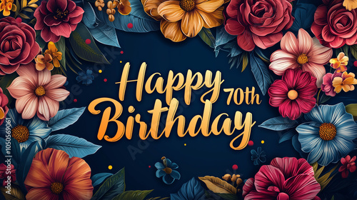 Elegant 70th Birthday Greeting Card with Vibrant Flowers on a Dark Blue Background – Milestone Celebration Design