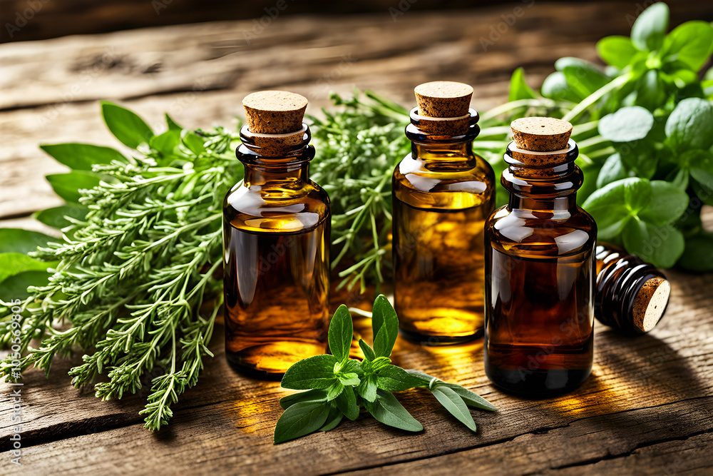 Glass bottles filled with essential oils and herbs on a wooden surface, Generated by ai Glass bottles filled with essential oils and herbs on a wooden surface, Generated by ai