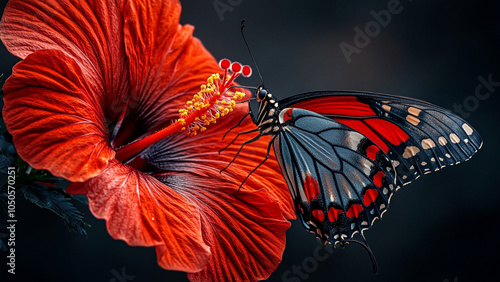 Black Butterfly on Red Hibiscus - Striking Contrast Nature Photography