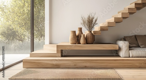 A modern wooden staircase with an open wooden console table. Ideas to create a welcoming entrance to a home and minimal decoration of the room. Modern Living Room Farmhouse Home Interior Design Ideas