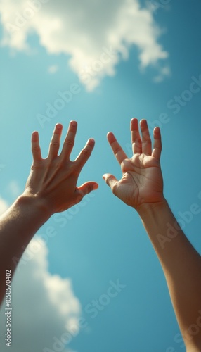 Two hands reaching upward toward the sky in a hopeful and joyful gesture, symbolizing freedom, positivity, and aspiration. The image highlights hope and inspiration under a bright sky.