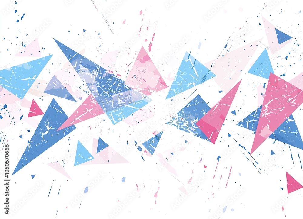 Fototapeta premium Dynamic composition of pastel blue and pink triangles with splatter of grunge textures creating modern abstract design. Ideal for backgrounds, posters or digital graphics