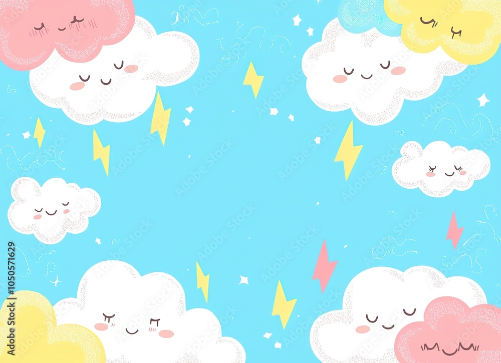 Colorful background with happy sleeping clouds and lightning bolts on pastel blue sky. Ideal for children projects, poster baby shower, invitation or birthday card. Colorful background with happy sleeping clouds and lightning bolts on pastel blue sky. Ideal for children projects, poster baby shower, invitation or birthday card.