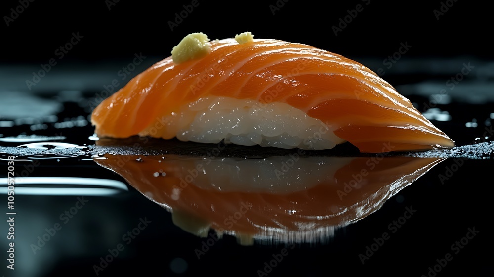 Salmon nigiri sushi placed on a dark reflective plate, garnished with fresh wasabi, subtle lighting highlighting the glossy texture of the fish, soft shadows adding depth, Salmon nigiri sushi placed on a dark reflective plate, garnished with fresh wasabi, subtle lighting highlighting the glossy texture of the fish, soft shadows adding depth,