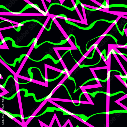 Abstract green neon lines with black geometric. Seamless pattern