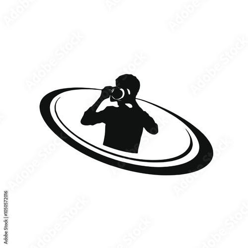 A black silhouette of a young man with short dark hair wearing a camera and taking a photo,