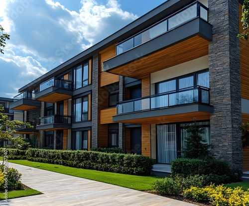 Modern apartment buildings on a sunny day with a blue sky. Facade of a modern apartment building